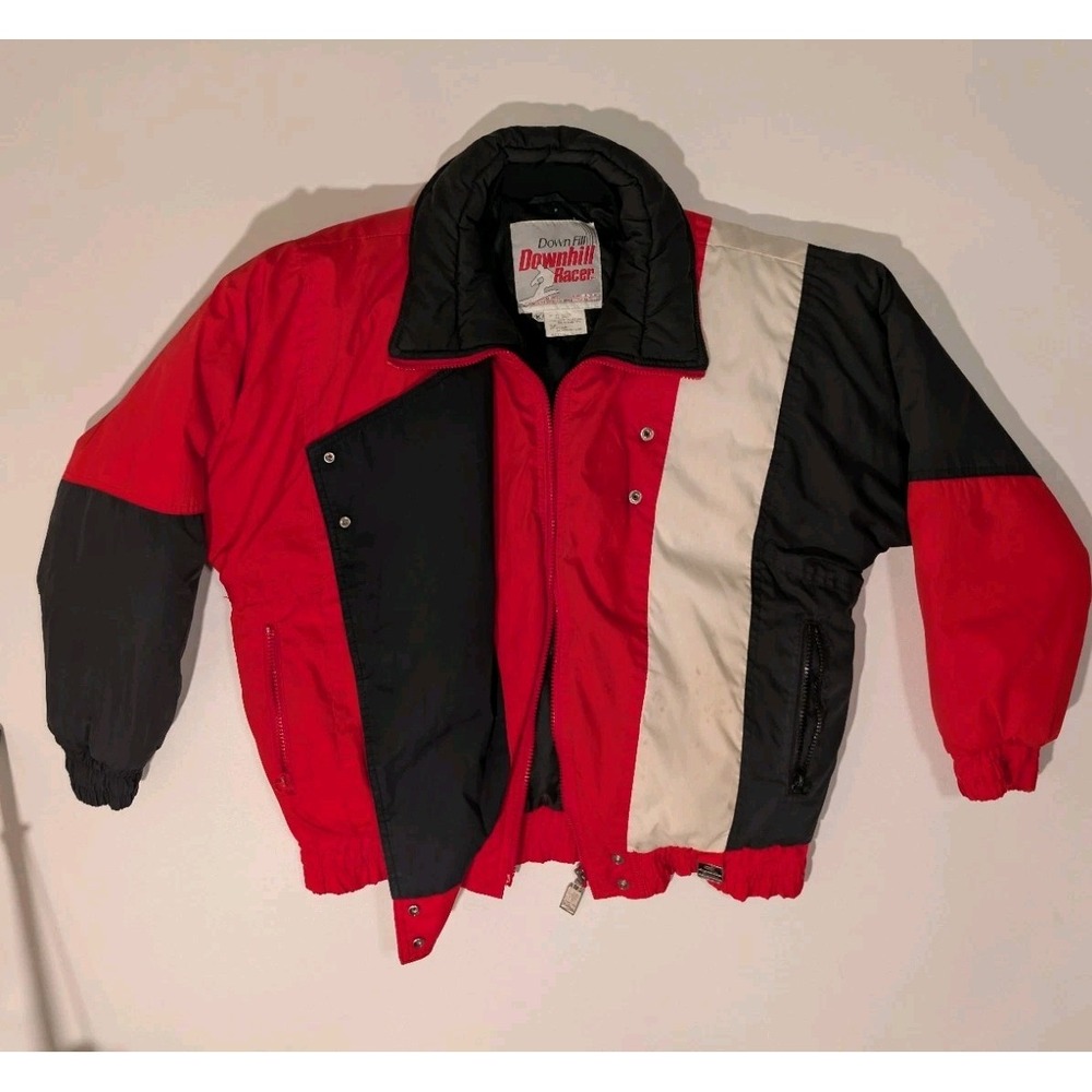 Vintage Down Fill Downhill Racer Ski Jacket Red White Blue Color Block Geometic